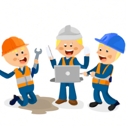 Workers collaborating on a construction site using digital tools.