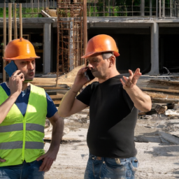 Workers communicating through a mobile app on-site.
