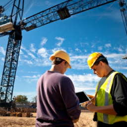 Workers on a construction site using tablets for real-time data entry.