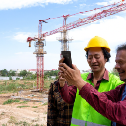 Workers using a mobile app to check in at a jobsite.