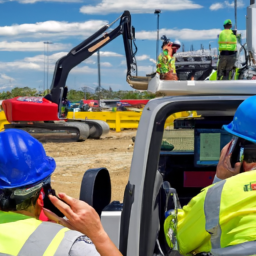 Workers wearing safety gear and using communication devices on a construction site.